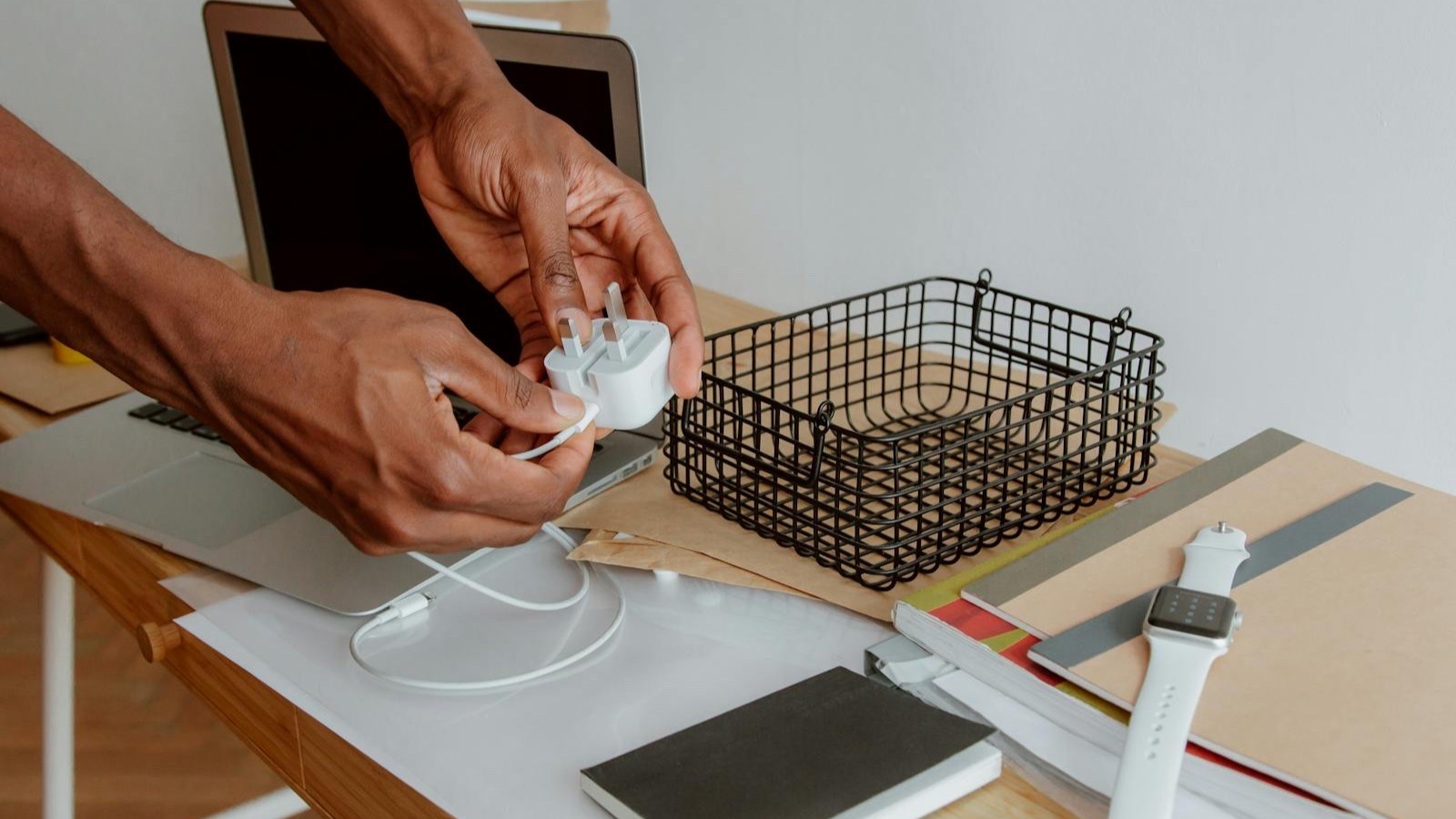 No-drill under-desk cable management tray installed on a UK home office desk