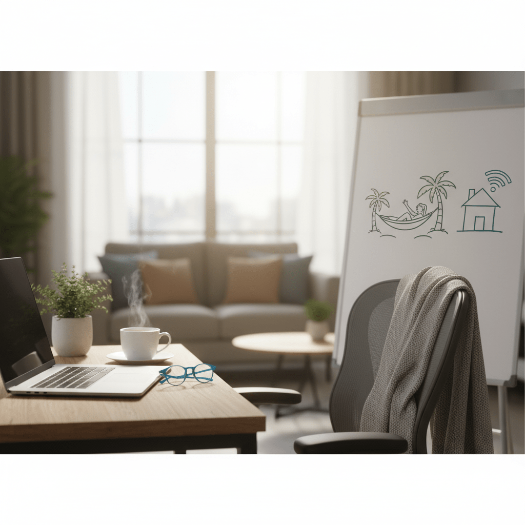 Person working from home desk with laptop and coffee, representing out-of-office and remote work communication