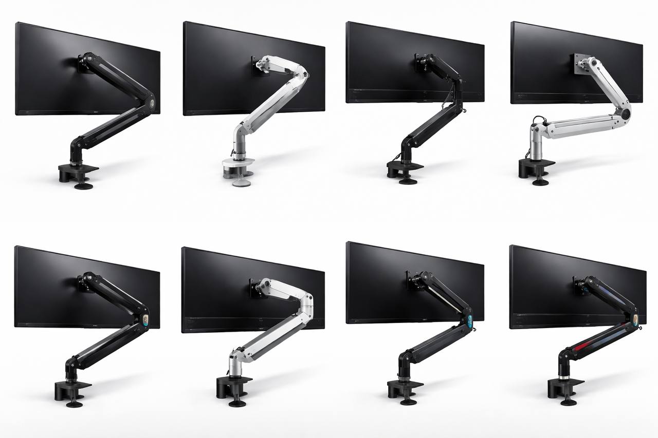 Ultrawide monitor on an adjustable desk arm showing clamp and grommet mount positions