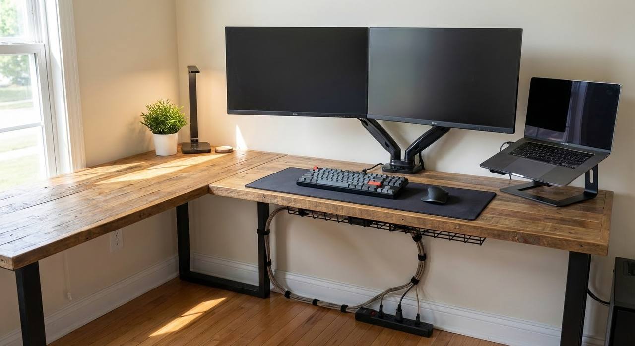 Home office desk setup with dual monitors on arms and tidy under-desk cable management