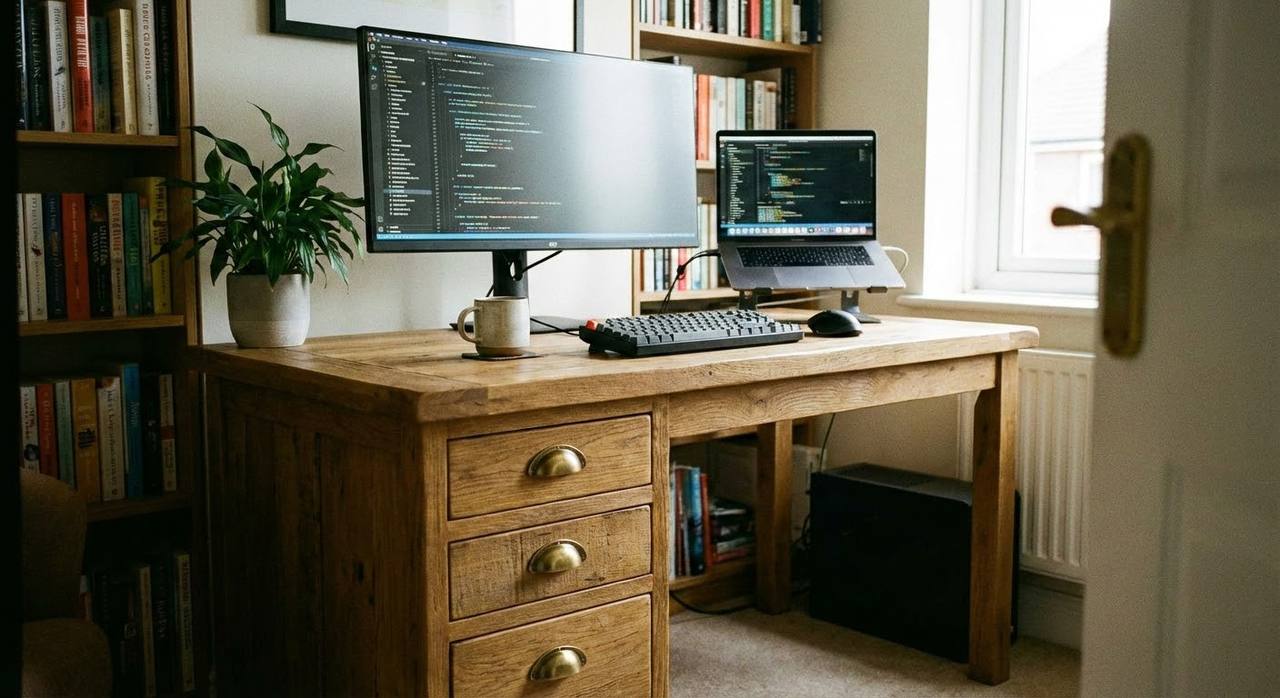 Home office desk with built-in drawers, monitor and laptop setup, and practical storage-focused workspace layout