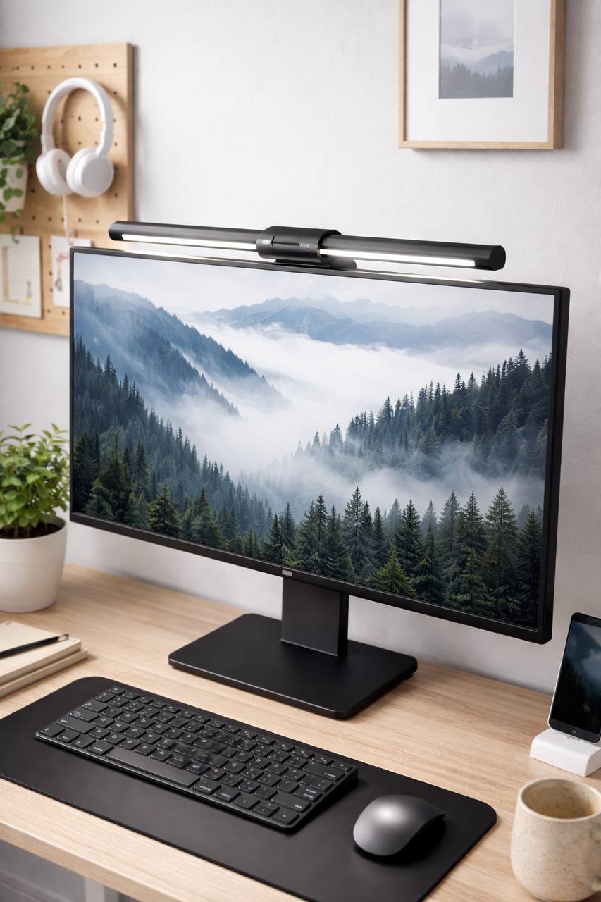 Black monitor light bar mounted above a widescreen desktop monitor on a tidy home office desk with keyboard and mouse