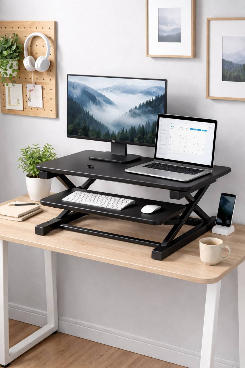 Black standing desk converter on a light wood desk with monitor, laptop, keyboard tray and mouse in a small home office setup