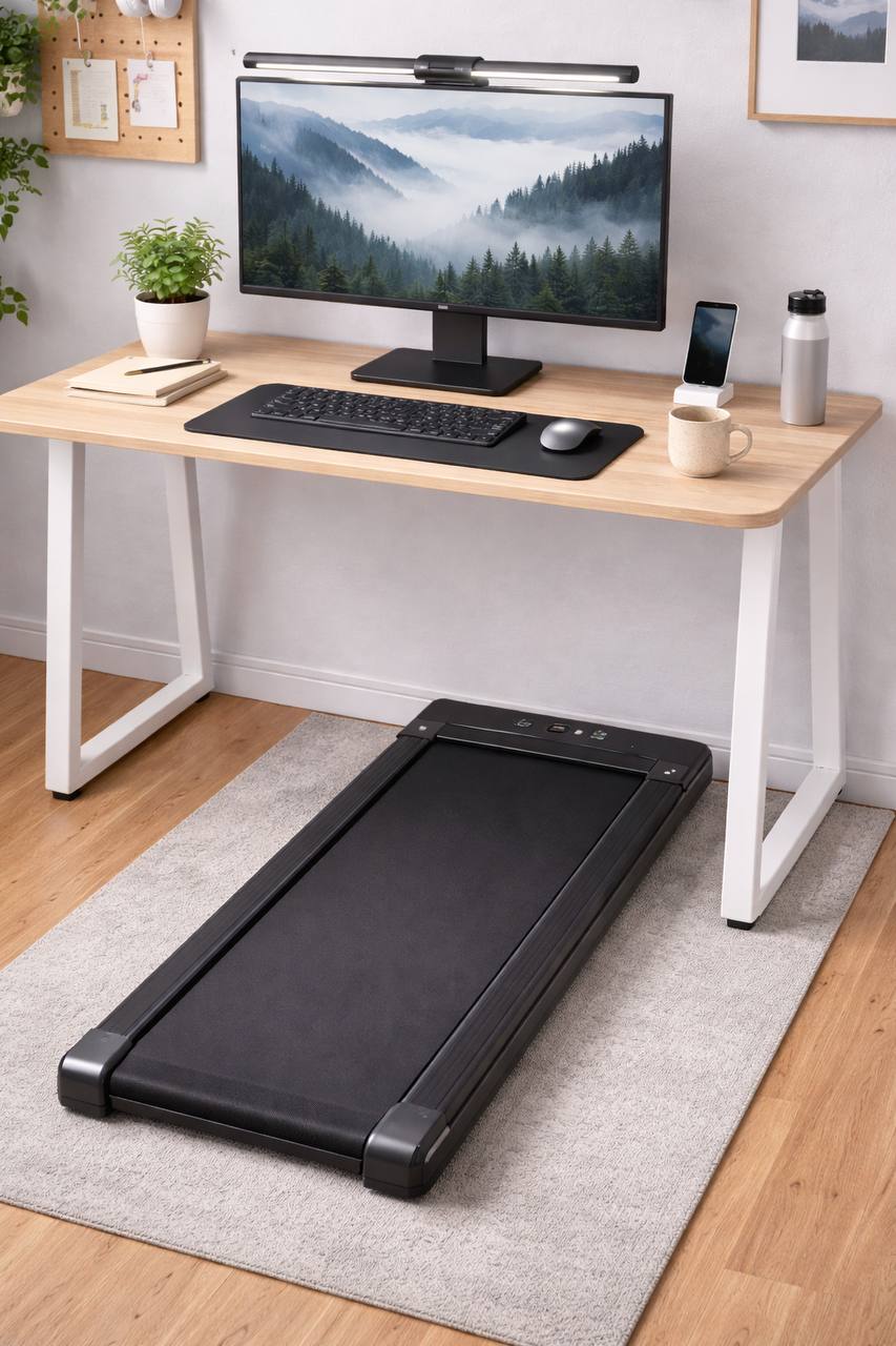 Compact under-desk treadmill positioned under a light wood standing desk with monitor, keyboard and mouse in a tidy home office