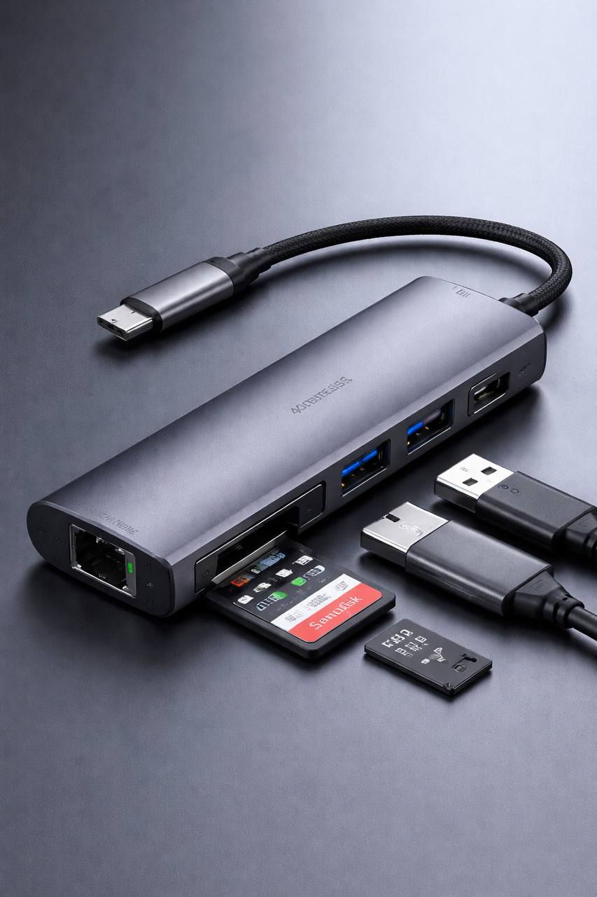 USB-C hub with multiple ports for dual-monitor home office setup